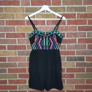 Colorfully embroidered black dress